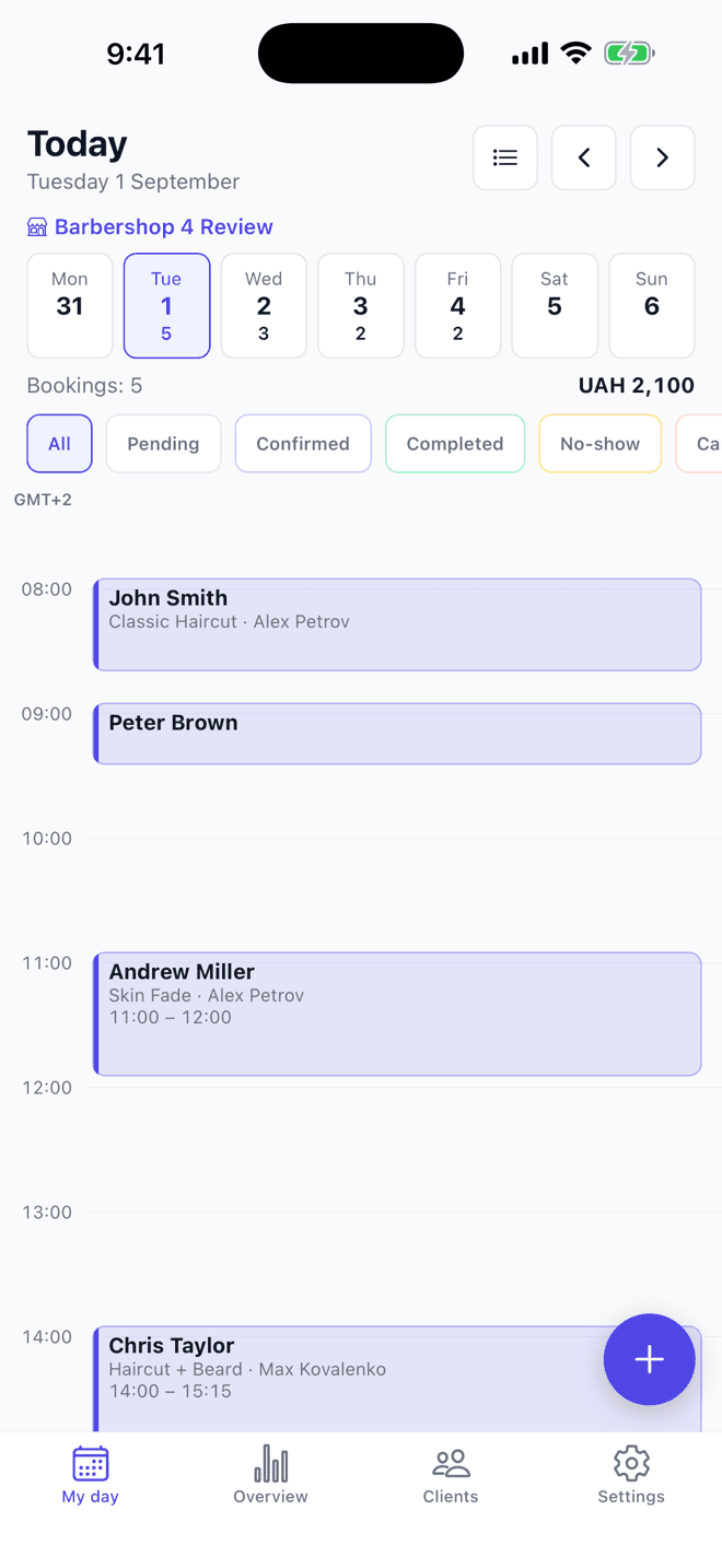 The Today screen in the Alignext app on iPhone: the day’s bookings and takings